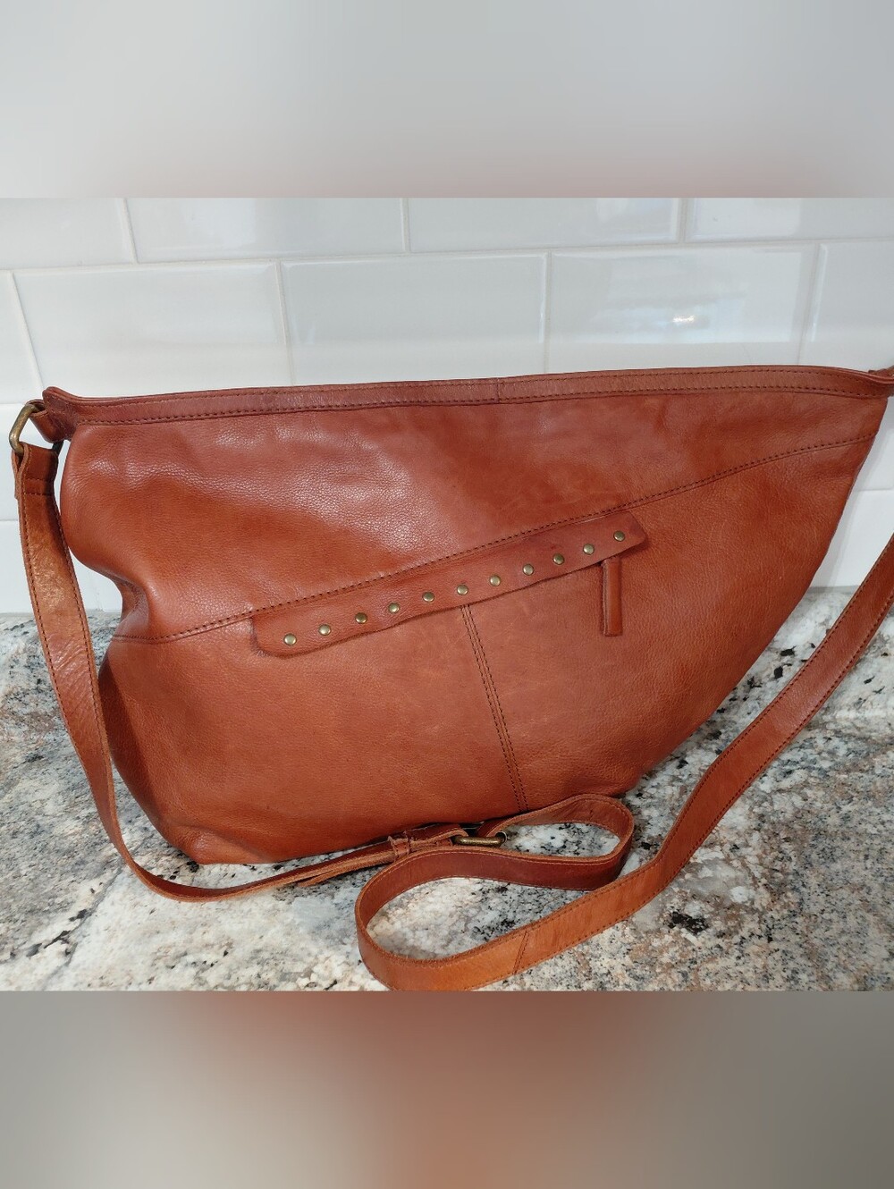 Ashwood Stud-Accent Leather Hobo Bag in Cognac Brown